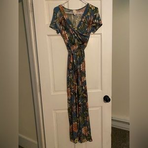 7th Ray silky fabric blue faux wrap floral dress